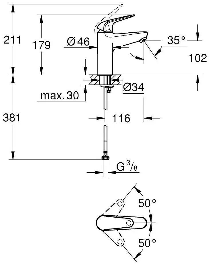 Смеситель для раковины, размер M, хром Grohe Euroeco 24266001