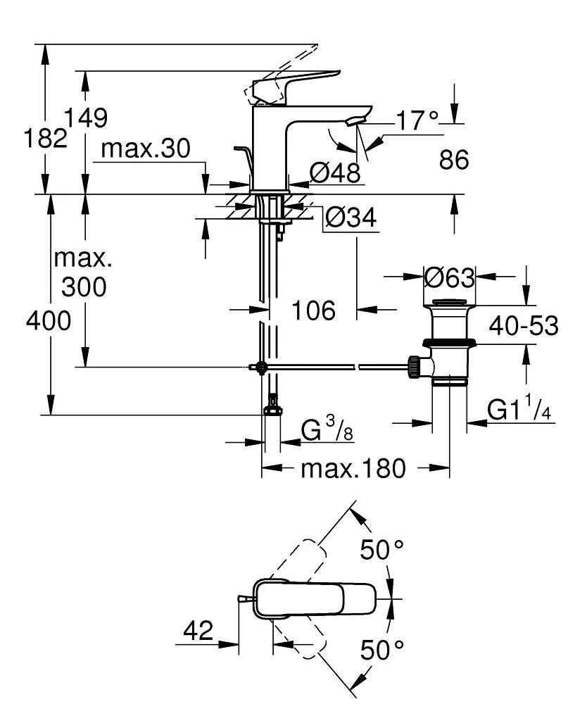 Смеситель для раковины, с донным клапаном, размер S, хром Grohe Cubeo 1016940000