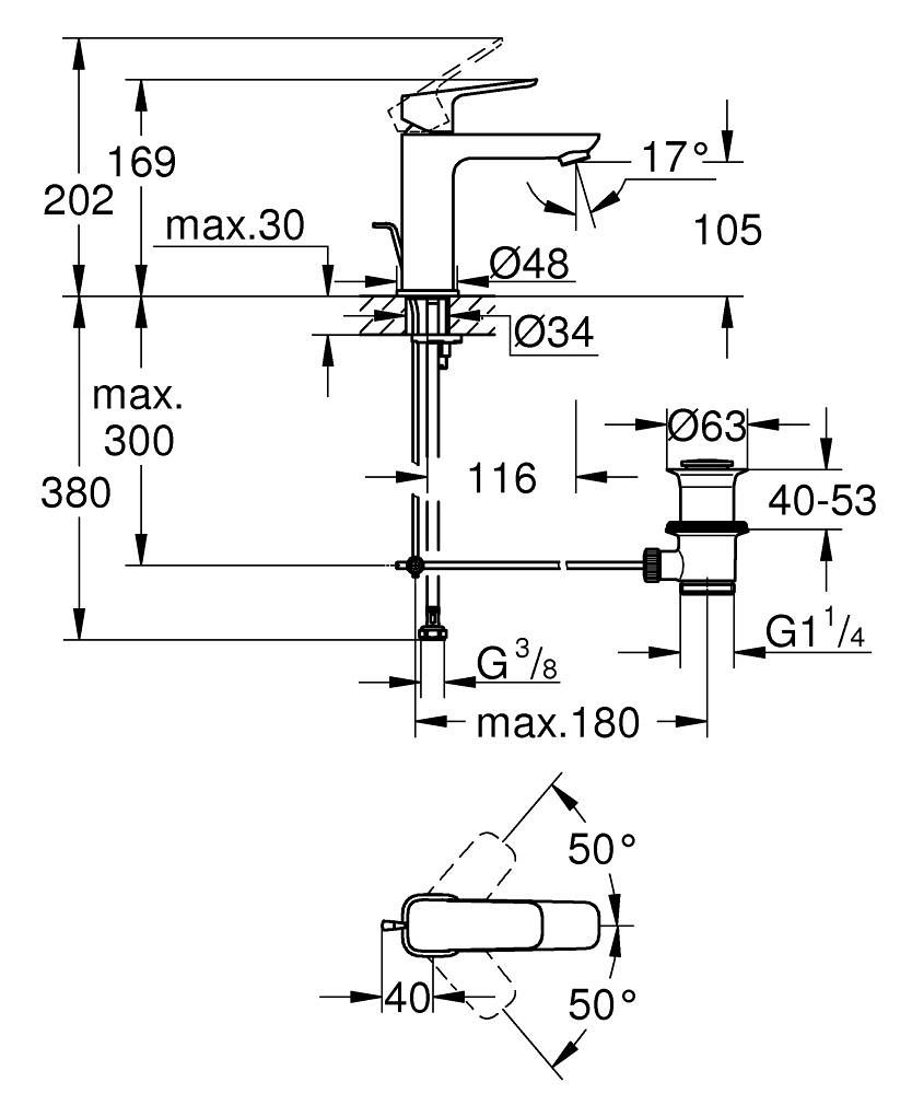 Смеситель для раковины с донным клапаном, размер M, хром Grohe Cubeo 1017490000