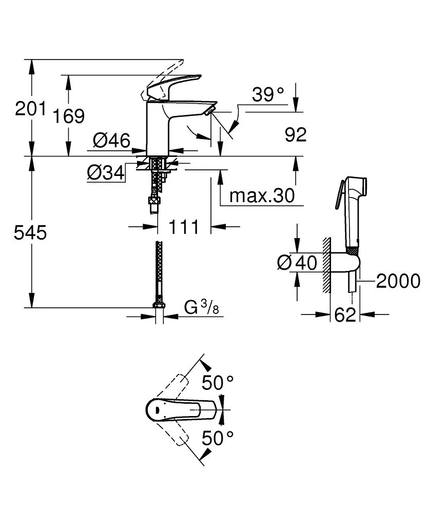 Смеситель для раковины с гигиеническим душем, размер S, черный Grohe Eurosmart 231242433