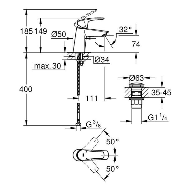 Смеситель для раковины с донным клапаном, размер S, хром, Grohe Eurosmart 23968003