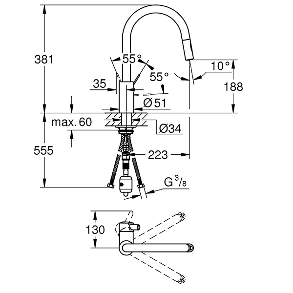 Смеситель для кухни, выдвижной высокий излив, хром Grohe Eurosmart Cosmopolitan 31481001