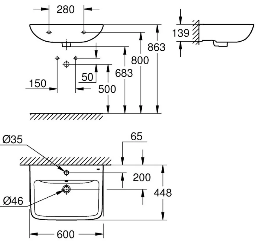Раковина подвесная 60, с переливом, альпин-белый Grohe BauEdge Ceramic 39808000