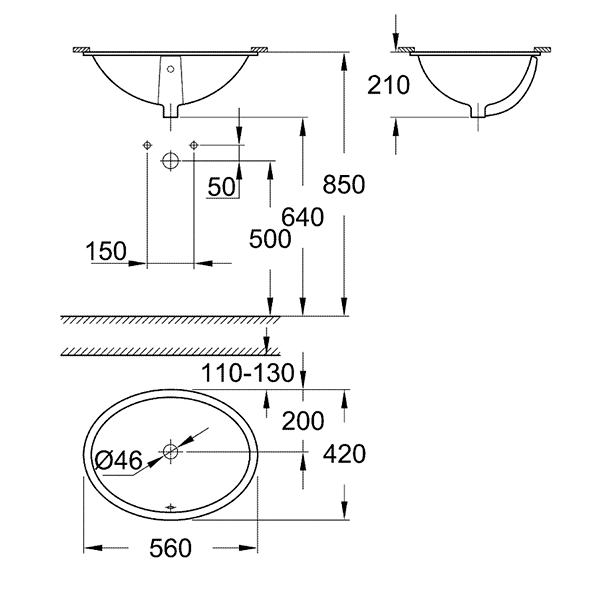 Раковина встраиваемая 55, с переливом, альпин-белый Grohe Bau Ceramic 39423000