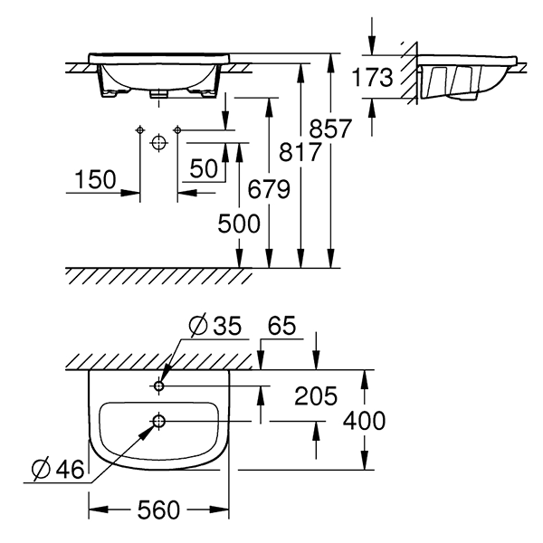 Раковина накладная 55, с переливом, альпин-белый, Grohe Bau Ceramic 39422000