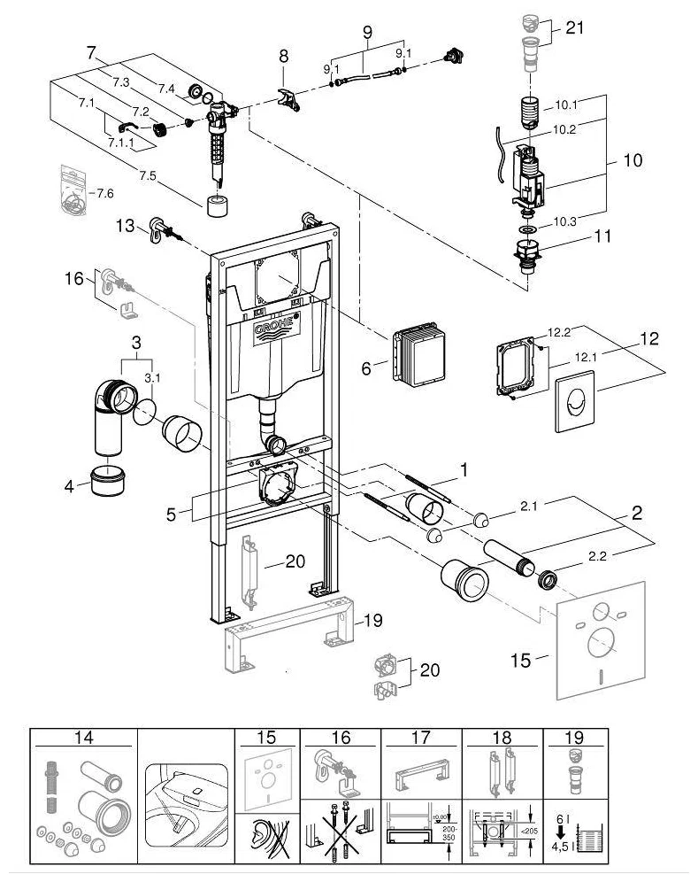 Инсталляция GROHE Rapid SL для подвесного унитаза в комплекте панелью смыва Skate Air (3 режима) 38722001