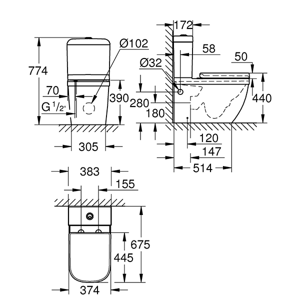 Унитаз напольный, с крышкой-сиденьем микролифт, с крепежами, белый Grohe Euro Ceramic 39462000