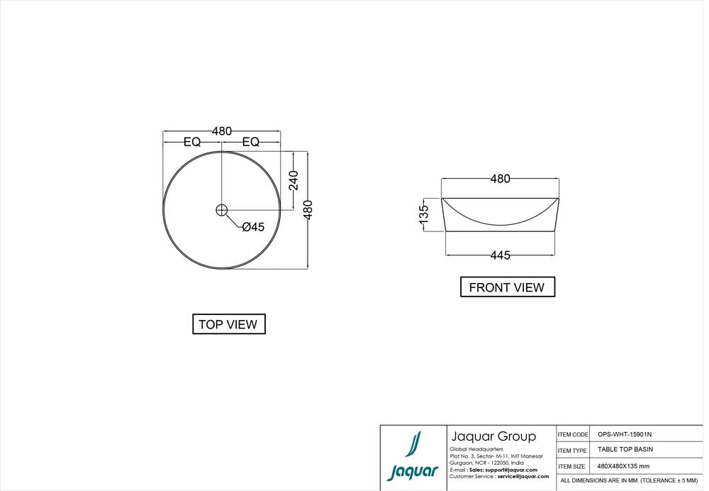 Раковина на столешн. Jaquar Opal Prime OPS-WHT-15901N, 480х480