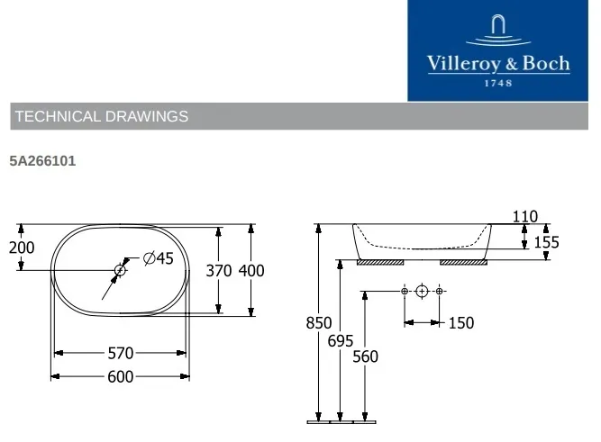 Раковина чаша овальная Villeroy & Boch 5A266101 Architectura 600х400, белая
