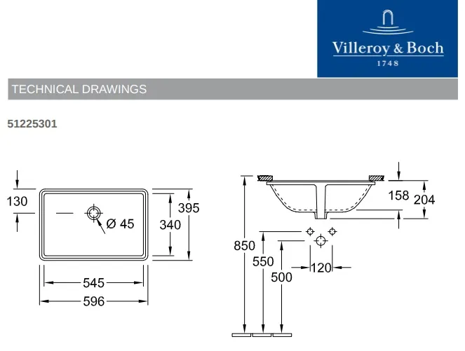 Раковина врезная снизу Villeroy & Boch 51225301 Lunea 540x340мм, белая