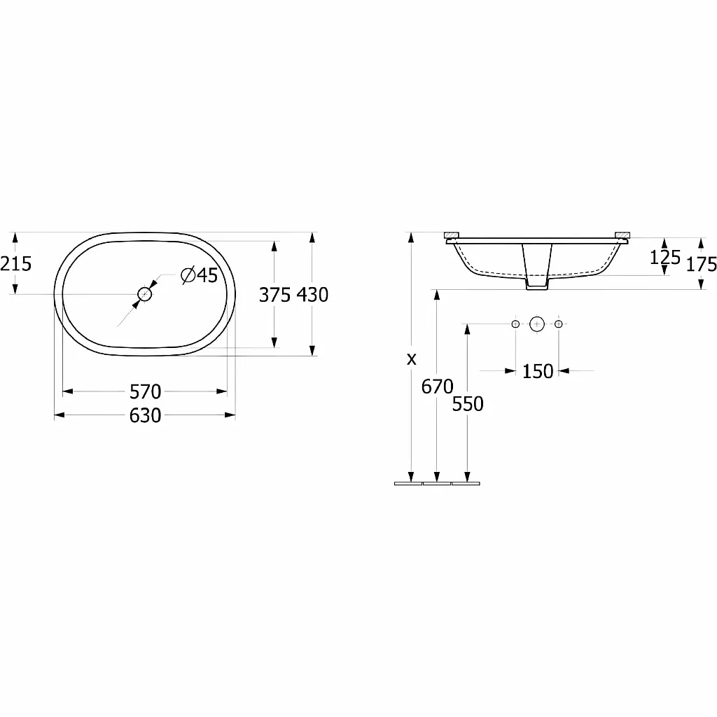 Раковина врезная снизу овальная Villeroy & Boch 5A766101 Architectura 570х375, белая