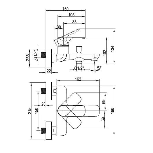 Смеситель для ванны Villeroy  & Boch TVT10400100061 O.Novo, хром