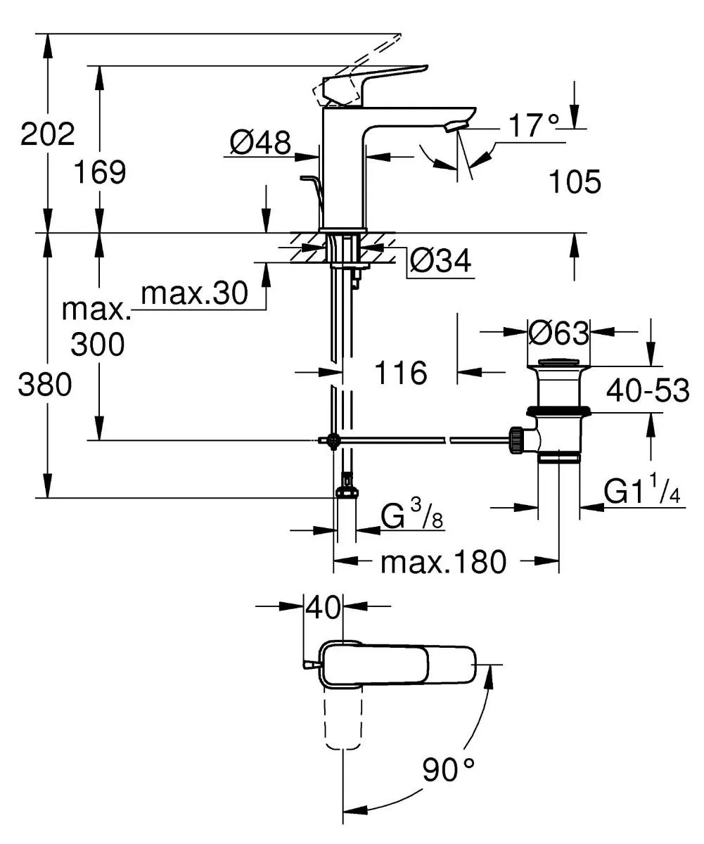 Смеситель для раковины, размер M, черный Grohe Cubeo 1017562430