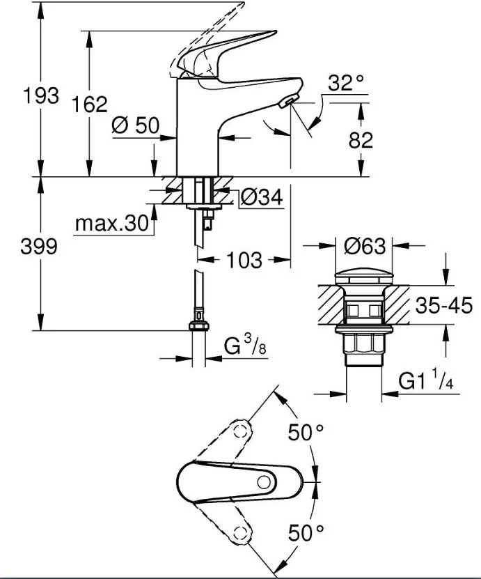 Смеситель для раковины с донным клапаном, размер S, хром Grohe Euroeco 24256001