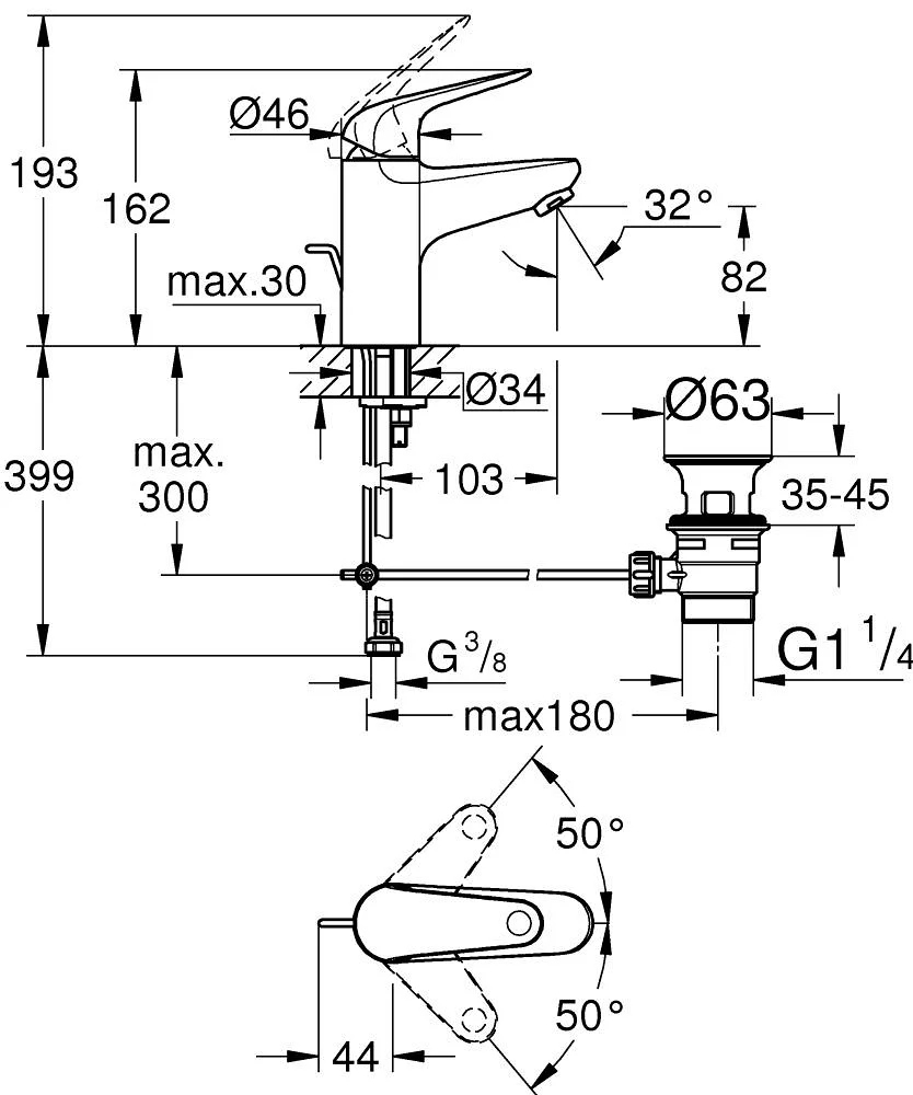 Смеситель для раковины с донным клапаном, размер S, хром Grohe Euroeco 23262001