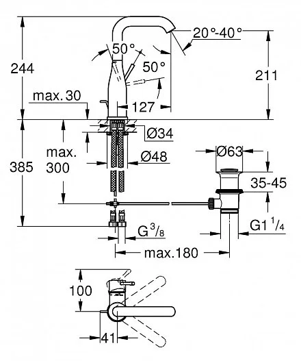 Смеситель для раковины, размер XL, холодный рассвет глянцевый Grohe Essence 24170GL1