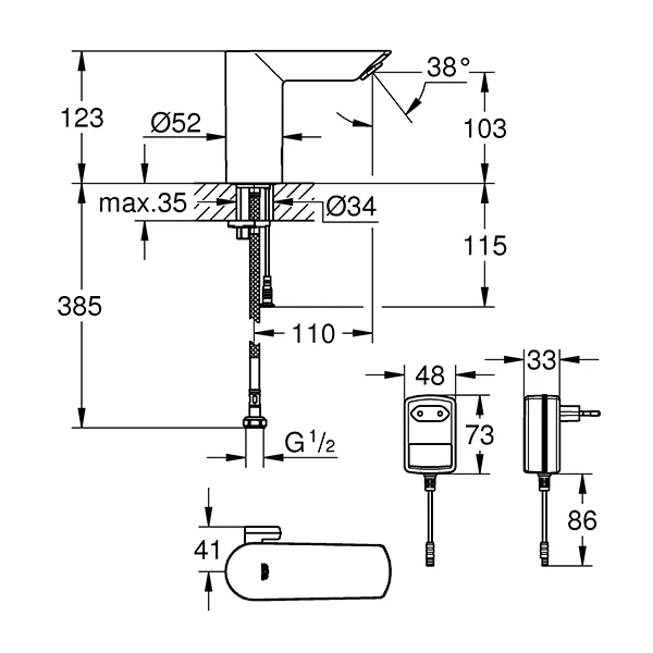 Смеситель для раковины, сенсорный, хром Grohe Bau Cosmopolitan E 36453000