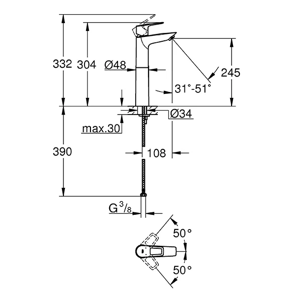 Смеситель для раковины, размер XL, хром Grohe BauLoop 23764001