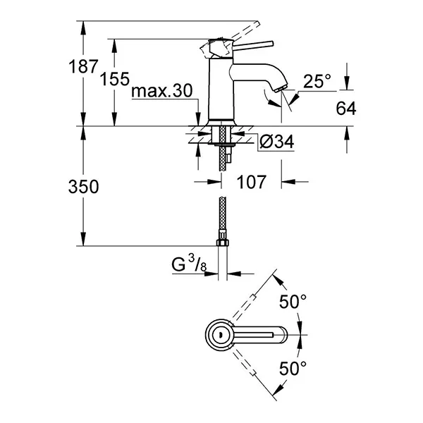 Смеситель для раковины, гладкий корпус, хром Grohe BauClassic 23162000
