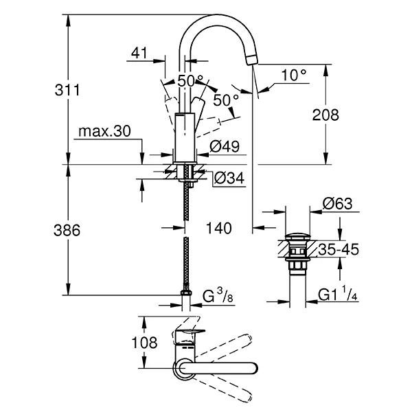 Смеситель для раковины, размер L, хром Grohe BauEdge New 23911001