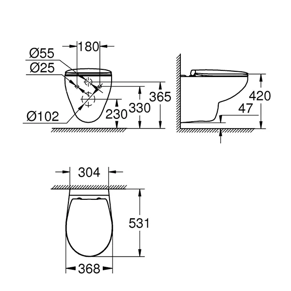 Унитаз подвесной, безободковый, с сиденьем, с крепежами, белый Grohe Bau Ceramic 39351000