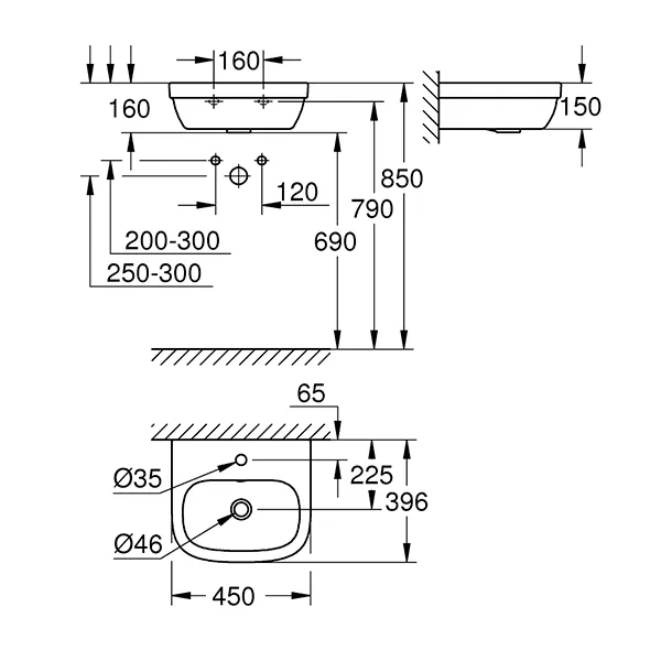 Мини-раковина настенная 45, альпин-белый Grohe Euro Ceramic 39324000
