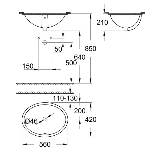 Раковина встраиваемая 55, с переливом, альпин-белый Grohe Bau Ceramic 39423000