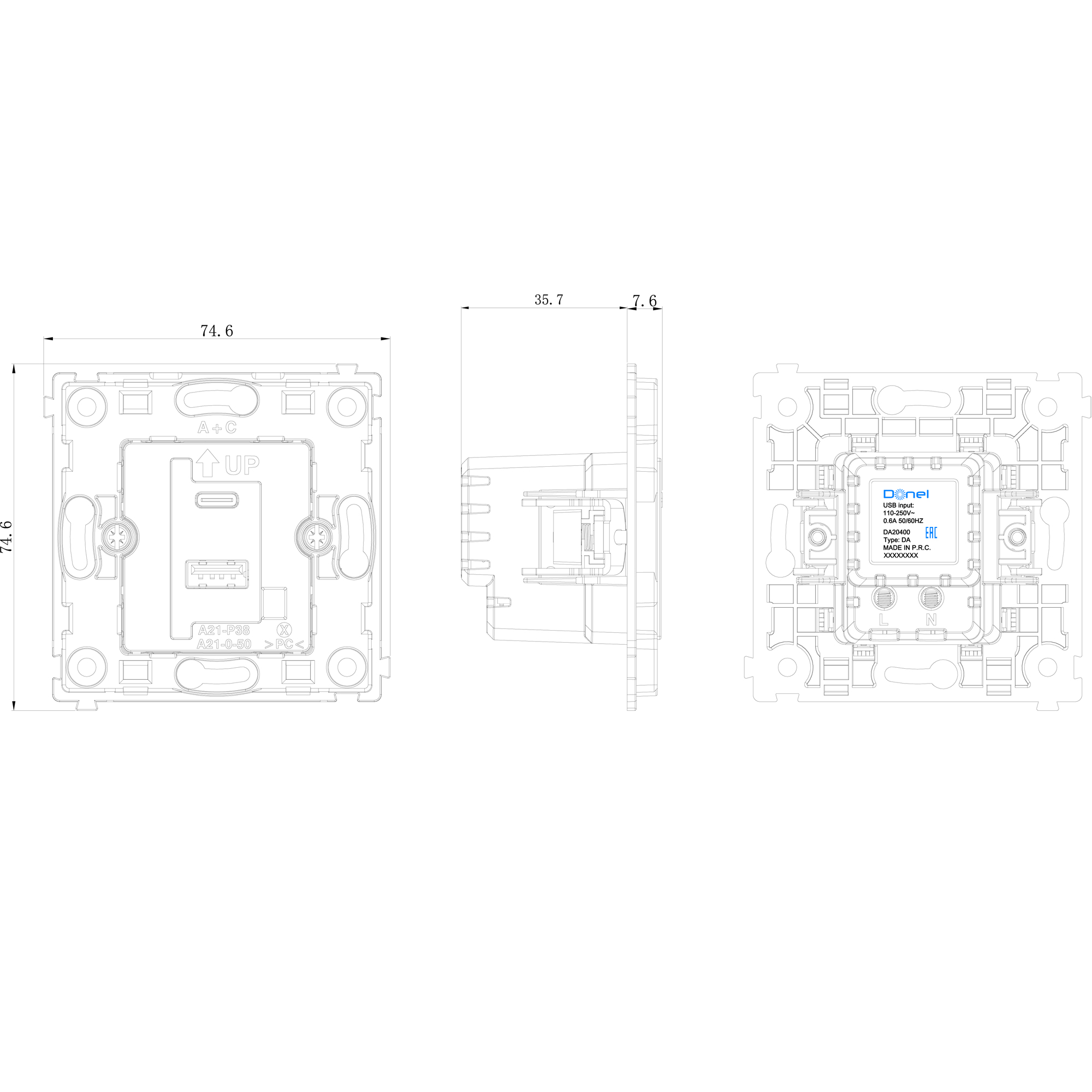 Donel R98 DA20400 USB зарядное устройство DC 5-12V, 1.67-3A, макс.20W, типа A+С, серия DA