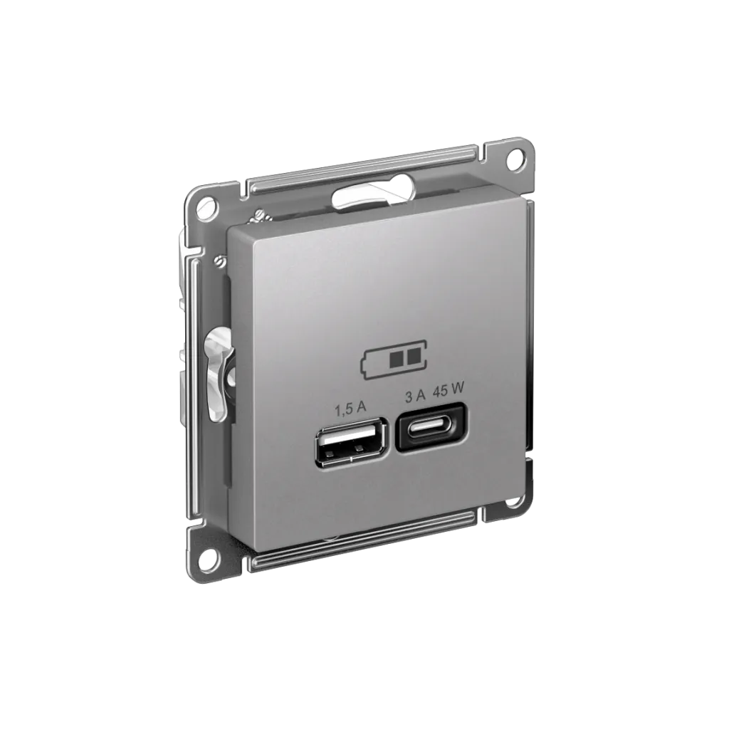 Systeme Electric (Schneider Elecrtic) AtlasDesign SE ATN000329, Алюминий USB Розетка A + тип-C 45W высокоскор.заряд. QC,PD, мех.