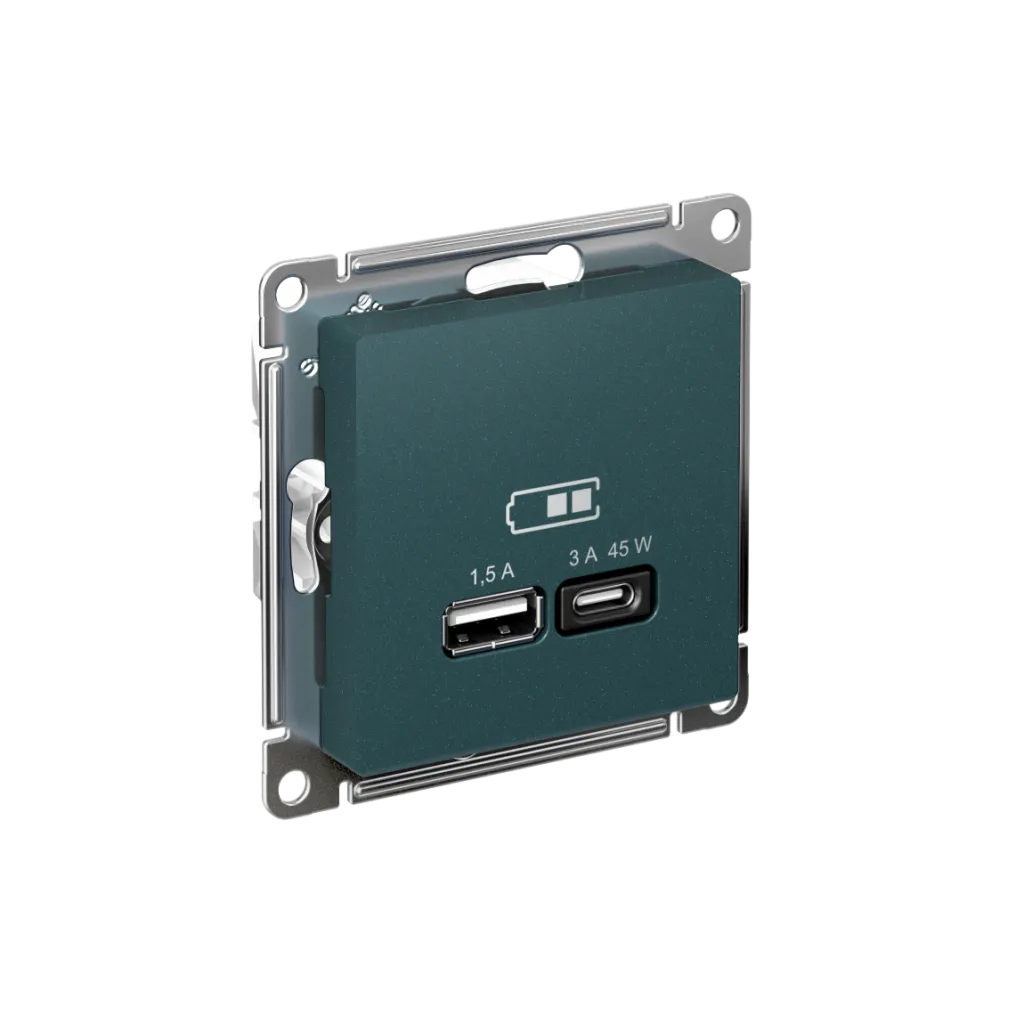 Systeme Electric (Schneider Elecrtic) AtlasDesign SE ATN000829, Изумруд USB Розетка A + тип-C 45W высокоскор.заряд. QC,PD, мех.