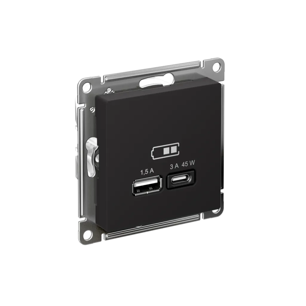 Systeme Electric (Schneider Elecrtic) AtlasDesign SE ATN001029, Карбон USB Розетка A + тип-C 45W высокоскор.заряд. QC, PD, мех.
