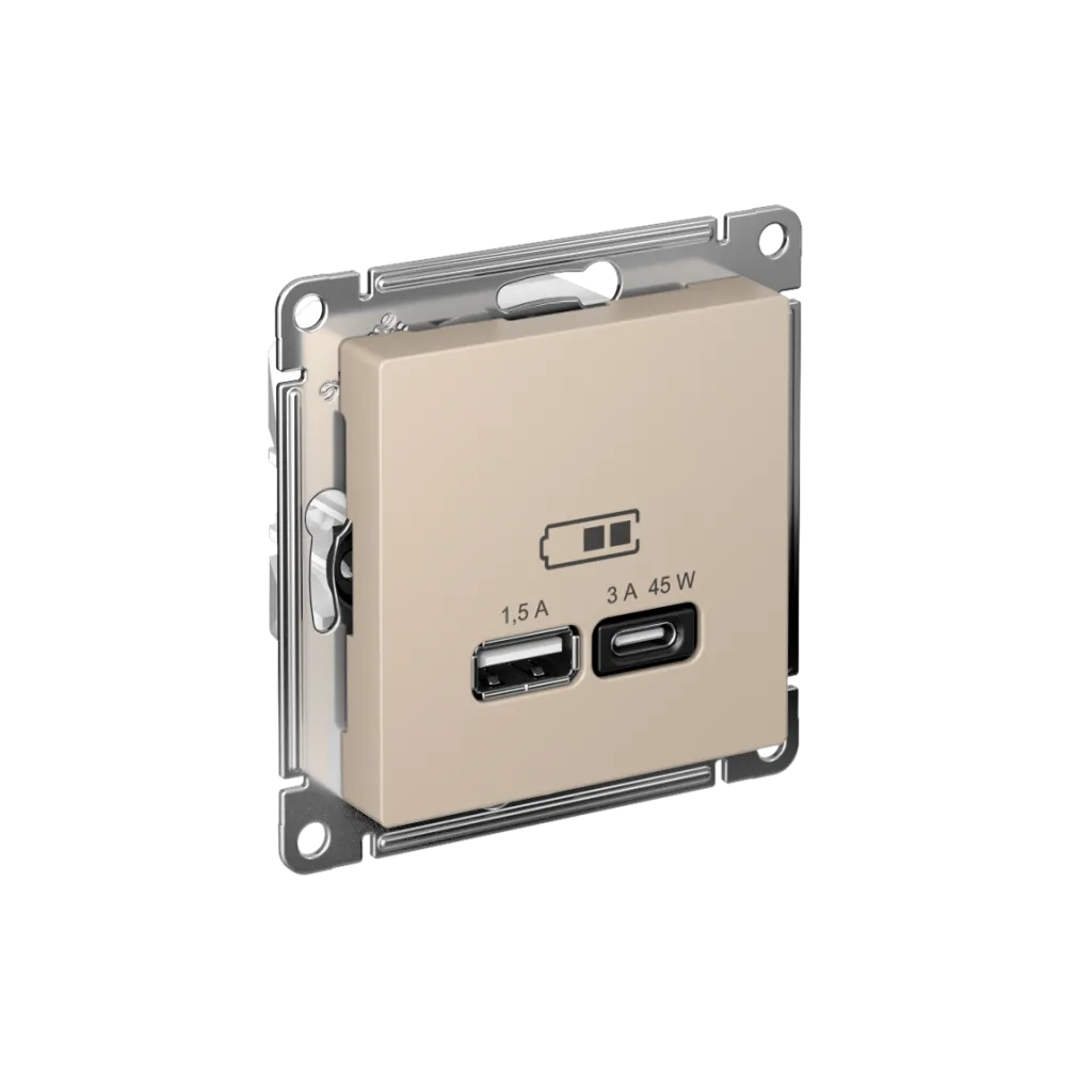 Systeme Electric (Schneider Elecrtic) AtlasDesign SE ATN001229, Песочный Розетка USB A + тип-C 45Вт высокоскор.заряд. QC,PD, механизм