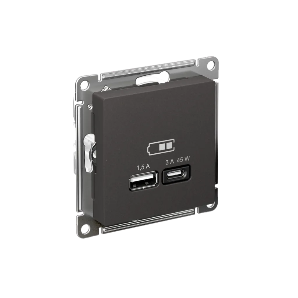 Systeme Electric (Schneider Elecrtic) AtlasDesign SE ATN001429, Базальт Розетка USB A + тип-C 45Вт высокоскор.заряд. QC, PD, механизм