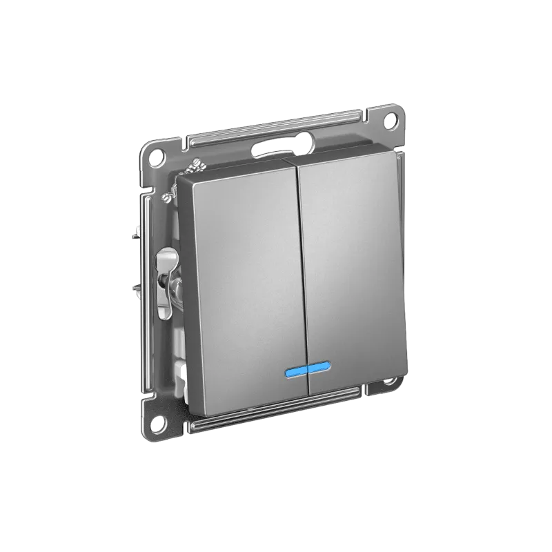 Systeme Electric AtlasDesign SE ATN000953S, Сталь Выключатель 2-клавишный с подсвет.,сх.5а, 10АХ, мех., быстрозажим. клем.
